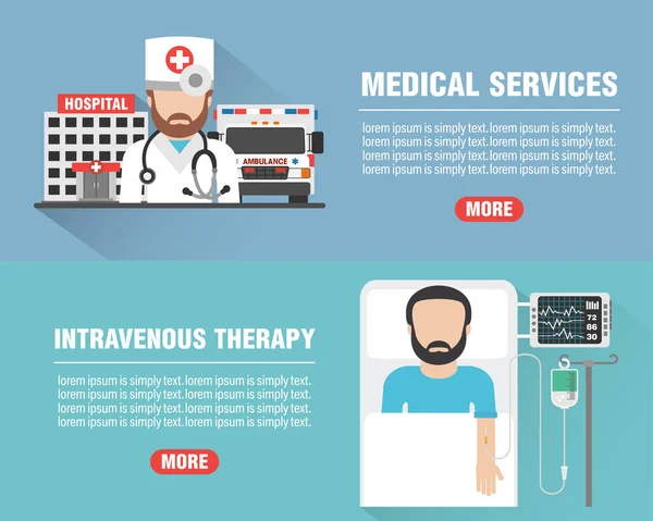 Juego Pancartas Planas Diseño Médico Servicios Médicos Con Hospital Ambulancia Ilustración de stock