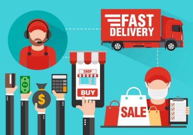 İnternetten telefondaki bir internet uygulaması aracılığıyla satın alma. İnternet e-ticareti. Online alışveriş konsepti tasarım dairesi. Hızlı teslimat. Vektör illüstrasyonu