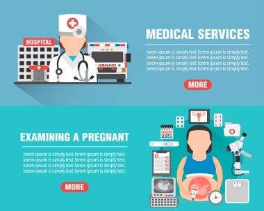 Medical design flat banners set. Medical services with hospital, ambulance and doctor icon. Examining a pregnant icon. Vector illustration clipart