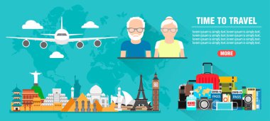 Around the world. Time to travel old people concept design flat banner. Travel icon. Safe journey. Vector illustration