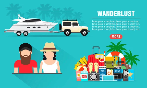 Wanderlust Concept Design Flat Banner Young People Suv Boat Trailer — Stock Vector