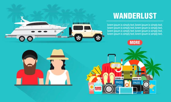 Wanderlust Koncept Designa Platt Banner Ungdomar Med Suv Båt Trailer — Stock vektor