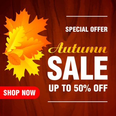 % 50 indirimli sonbahar indirimi. Sonbahar indirimi geçmişi. Ahşap arka plan. Vektör illüstrasyonu