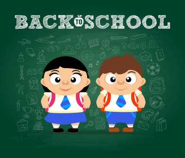 Okul posteri, okul üniformalı komik kız ve çocukla afiş. Tebeşir tahtası arkaplan vektörü illüstrasyonu