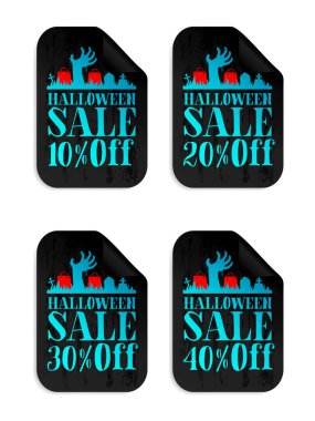 Zombi eli ile hazırlanmış Cadılar Bayramı kara indirim etiketleri. Cadılar Bayramı indirimi% 10,% 20,% 30,% 40. Vektör illüstrasyonu
