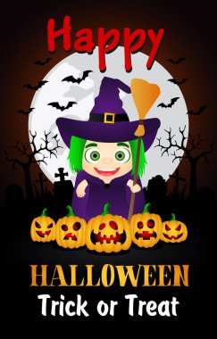 Cadılar Bayramı 'nız kutlu olsun cadı kostümlü çocuk posterleri. Cadılar Bayramı tebrik kartı. Vektör illüstrasyonu