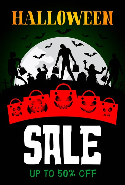 Diseño Banner Venta Halloween Con Descuento Plantillas Póster Con Zombies — Vector de stock