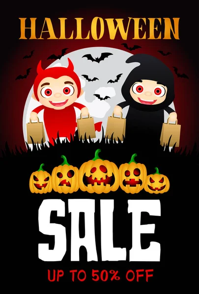 Cartel Halloween Sale Con Divertidas Calabazas Miedo Niños Divertidos Disfraces — Vector de stock