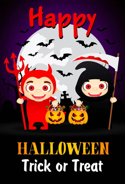 Happy Halloween Trick Treat Plakat Dziećmi Kostiumach Diabeł Ponury Żniwiarz — Wektor stockowy