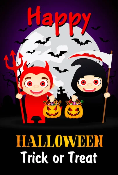 Selamat Halloween Trick Atau Treat Poster Dengan Anak Anak Dalam - Stok Vektor