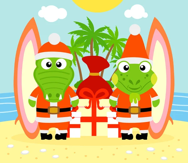 Tropical Christmas background with alligator and iguana — Stock Vector