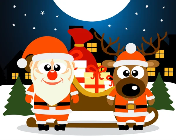 Tarjeta de Navidad con Santa Claus y ciervos — Vector de stock