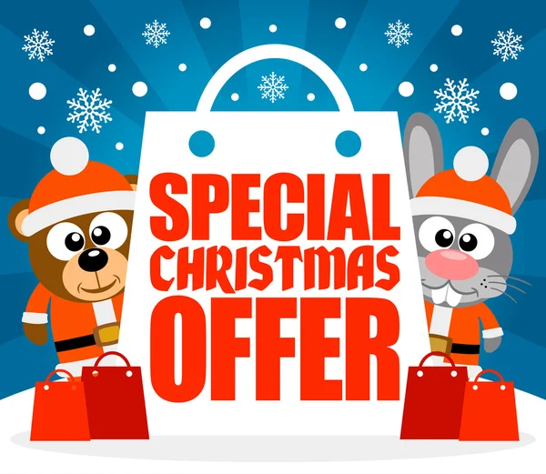 Speciale Christmas Offer kaart met een beer en konijn — Stockvector