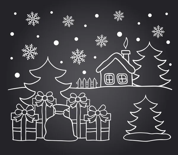 Télen ház és a karácsonyi ajándékok rajz Chalkboard — Stock Vector