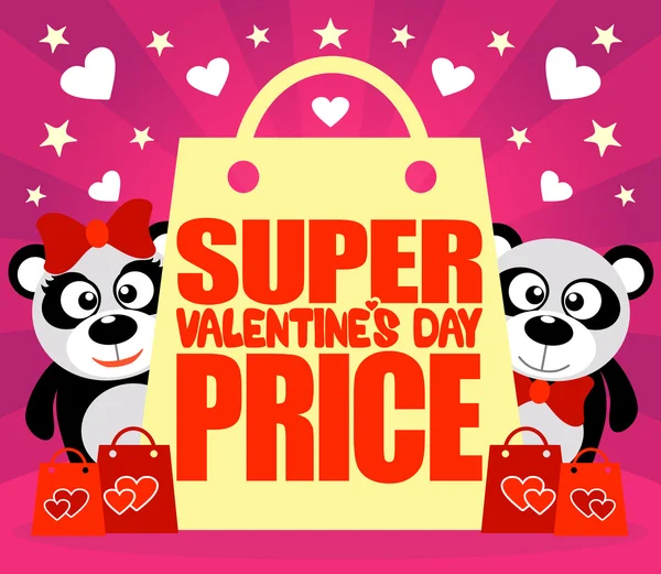Superpreis Valentin Tageskarte mit Pandas — Stockvektor