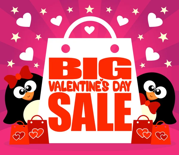 Tarjeta de San Valentín Big Sale con pingüinos — Archivo Imágenes Vectoriales