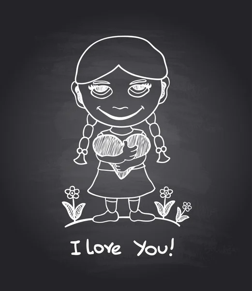 Vector hand draw romantic girl on black chalkboard — Stock Vector