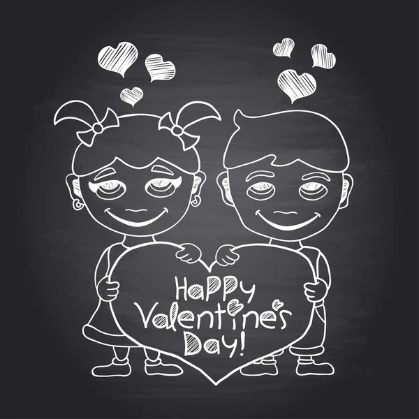 Happy Valentine 's Day chalkboard card with boy and girl — стоковый вектор