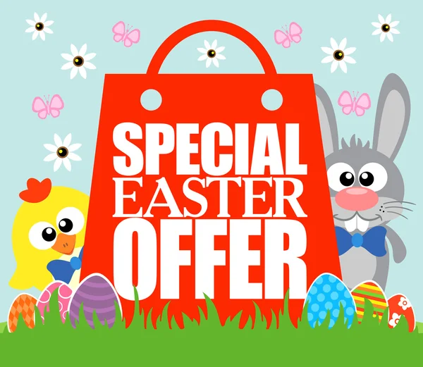 Oferta especial de Pascua, conejo divertido y pollo — Vector de stock