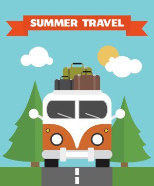 Otobüs ile Summer Travel Flat arka plan .
