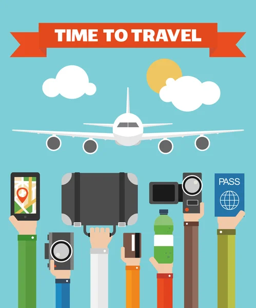 Time toTravel Flat background with hand . — Stock Vector