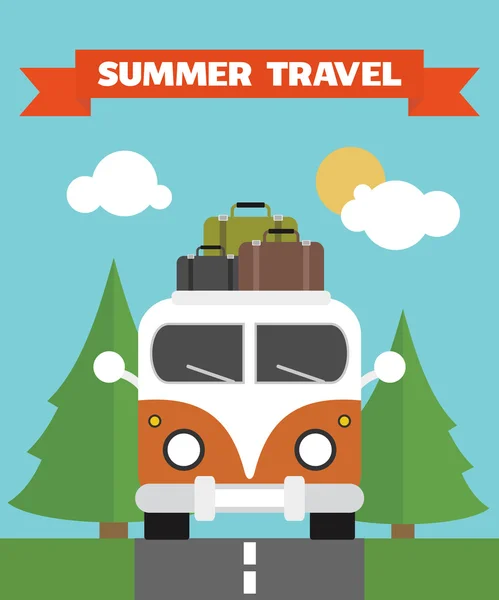 Summer Travel Fond plat avec bus  . — Image vectorielle