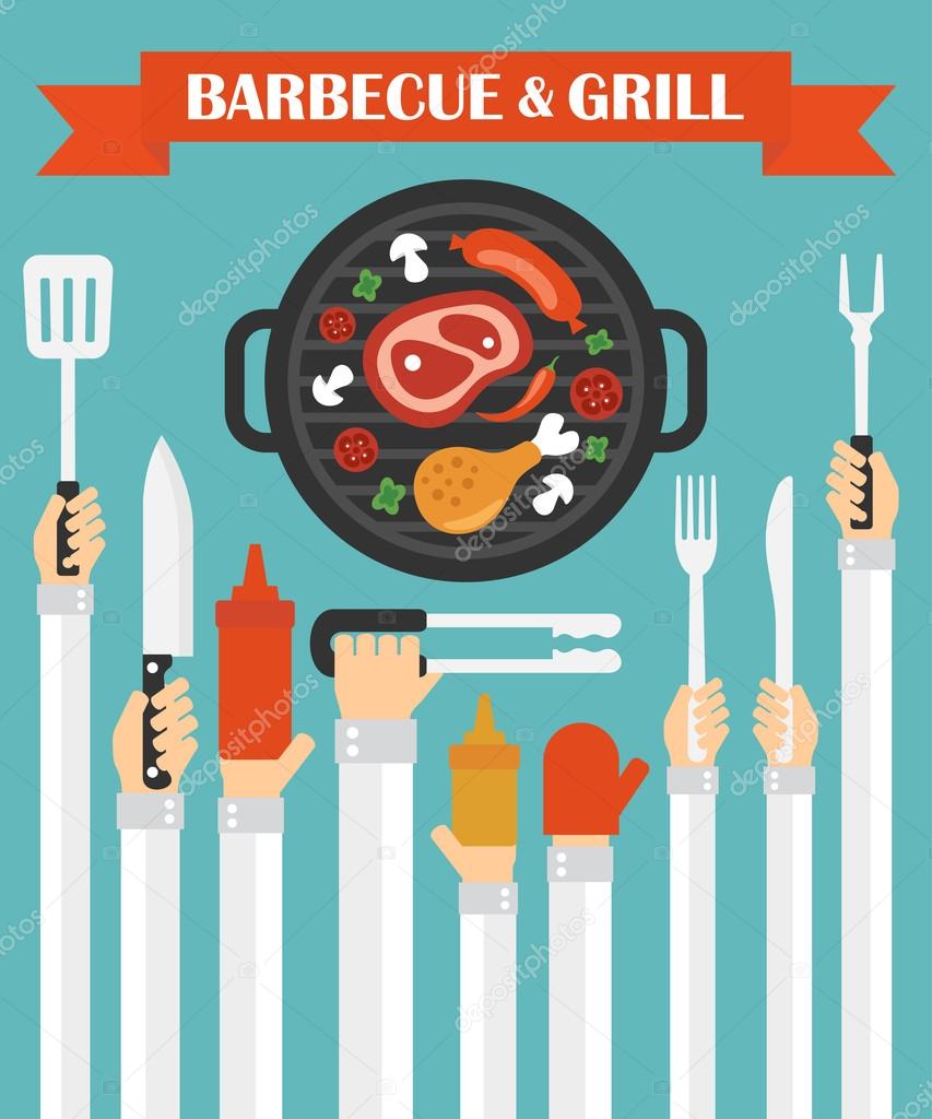 Barbecue and grill concept design flat ,with hands