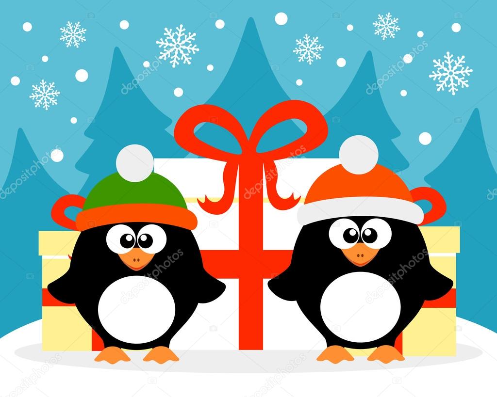Happy New Year card with penguin  santa claus and  penguin elf 