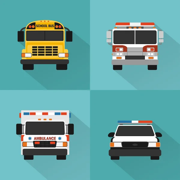 Conjunto de coches de servicio plano. Policía, ambulancia, camión de bomberos, autobús escolar — Vector de stock