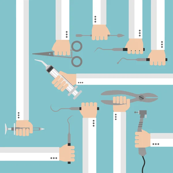 Plano de instrumentos dentários definir conceito de design com as mãos —  Vetores de Stock