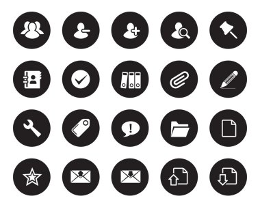 Stock vector white web and office icons on black circle, high resolutions.