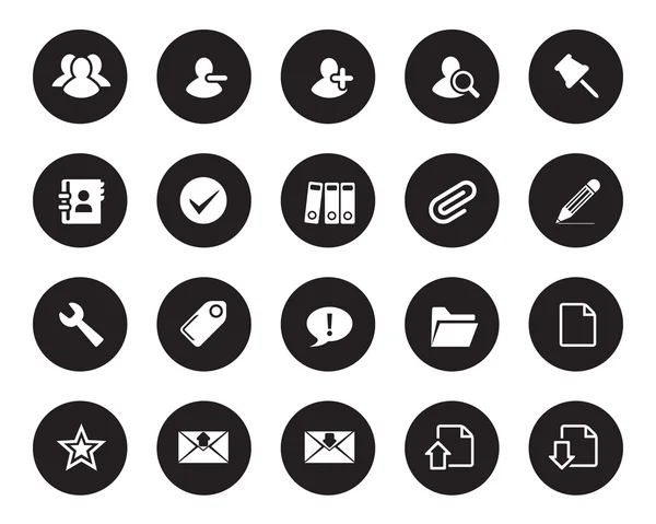 Stock vector white web and office icons on black circle, high resolutions. — Stockový vektor