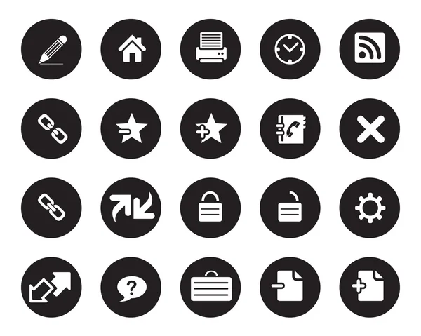 Stock vector white web and office icons on black circle, high resolutions. — Stockvector