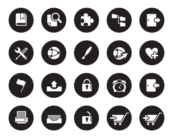 Stock vector white web and office icons on black circle, high resolutions.