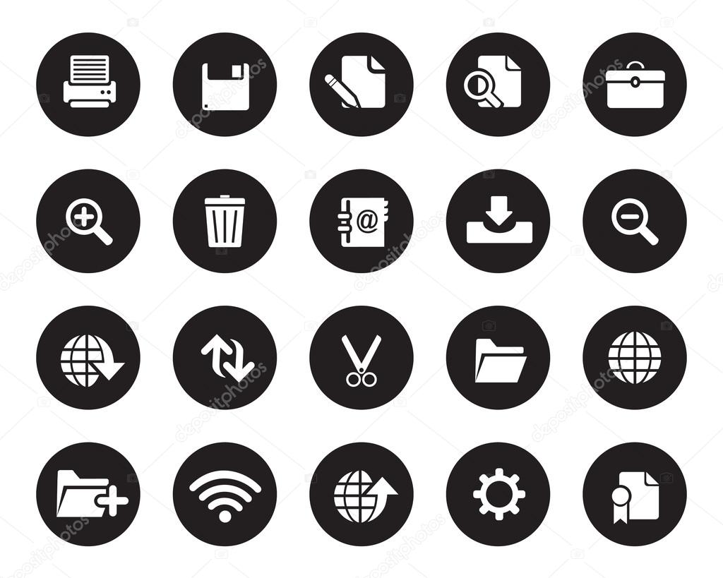 Stock vector white web and office icons on black circle, high resolutions.