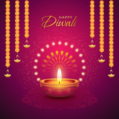 Beautiful diwali greeting card with shiny diya oil lamp abstract background