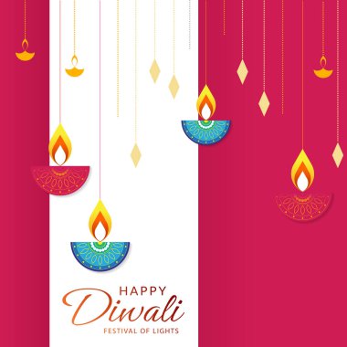 diya yağı lambasıyla mutlu diwali tasarımı. Diwali tatil geçmişi. Işık festivali. Vektör illüstrasyonu