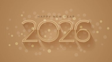 Modern 2026 Yeni Yıl Kahverengi arka planda gölge ve ışıltı tasarımı ile mutlu yıllar 2026