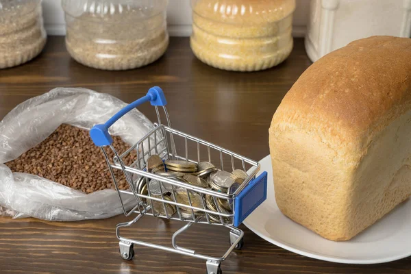 Kazakhstani Tenge Kzt Grocery Basket Bread Buckwheat Grain Cereals Rising — Stock Photo, Image