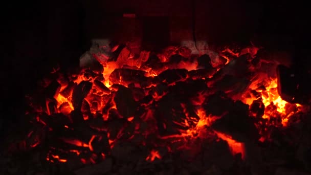 Carboni Ardenti Bruciano Nel Camino Fiamma Del Fuoco Brucia Lentamente — Video Stock