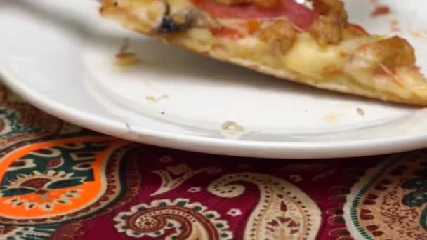 Pizza Dining Table Piece Fresh Juicy Cheese Pizza Tomatoes Mushrooms — Stock Video
