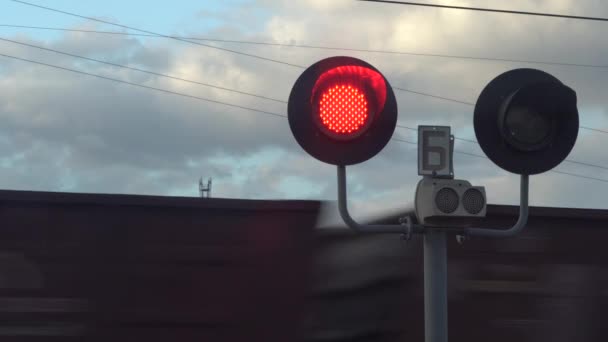 鉄道の信号は赤です 鉄道の交差点で停止信号を停止します 線路の上を高速で走る列車の動きです 信号機の禁止 — ストック動画
