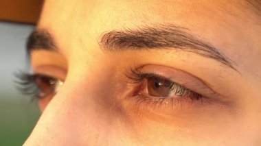 Kadınların kahverengi gözleri, delici bir bakışla başka yere bakar ve bir şeyler düşünür. Avrupa uyruklu, burun, kaşlar ve uzun kirpiklerle yakın plan bir kadın yüzü. Düşünceli yakın çekim bakışı.