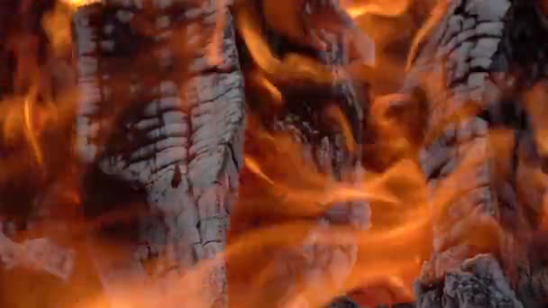 暖炉やストーブの暗闇の中で燃える火 火の中の木の点火 明るい燃える炎 暗闇の中で火花と炎 白熱した熱と炎 燃えるようなたき火 ブラジャー — ストック動画
