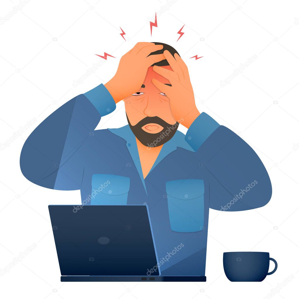 Chronic fatigue and nervous tension from work. Stress and fatigue in a man sitting at a laptop. Vector illustration.