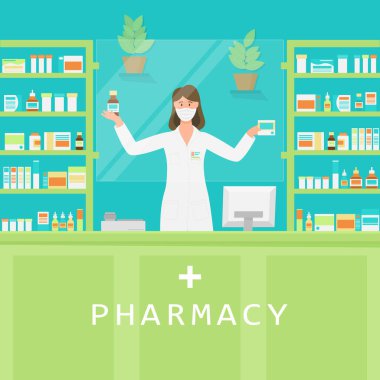 Tıbbi maskeli kadın eczacı bir eczanenin içinde ilaç satıyor. Vektör illüstrasyonu.