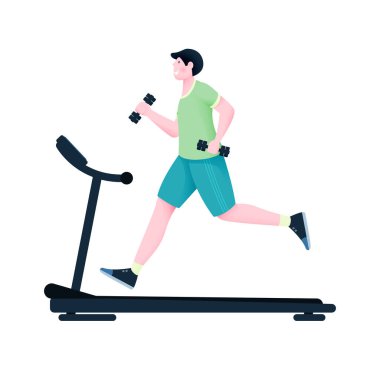 Bir adam eğitim için dambılları tutarak koşu bandında koşuyor. Vektör illüstrasyonu.