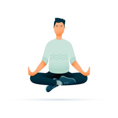 Meditasyon yapan bir adam beyaz arka planda izole bir şekilde yüzeyde süzülüyor. Vektör illüstrasyonu.