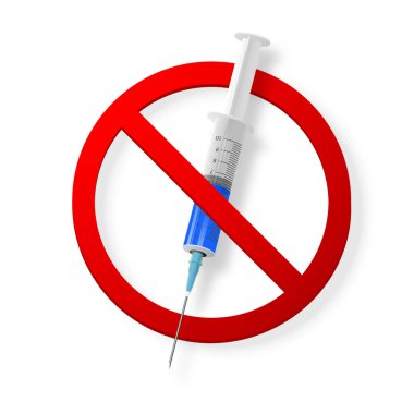 Beyaz arka planda kırmızı, yasak işaretli şırınga işareti var. Vektör illüstrasyonu.