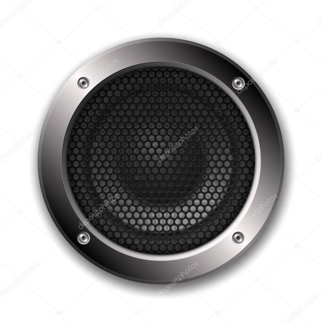 Realistic 3d audio speaker icon with mesh. Vector illustration.
